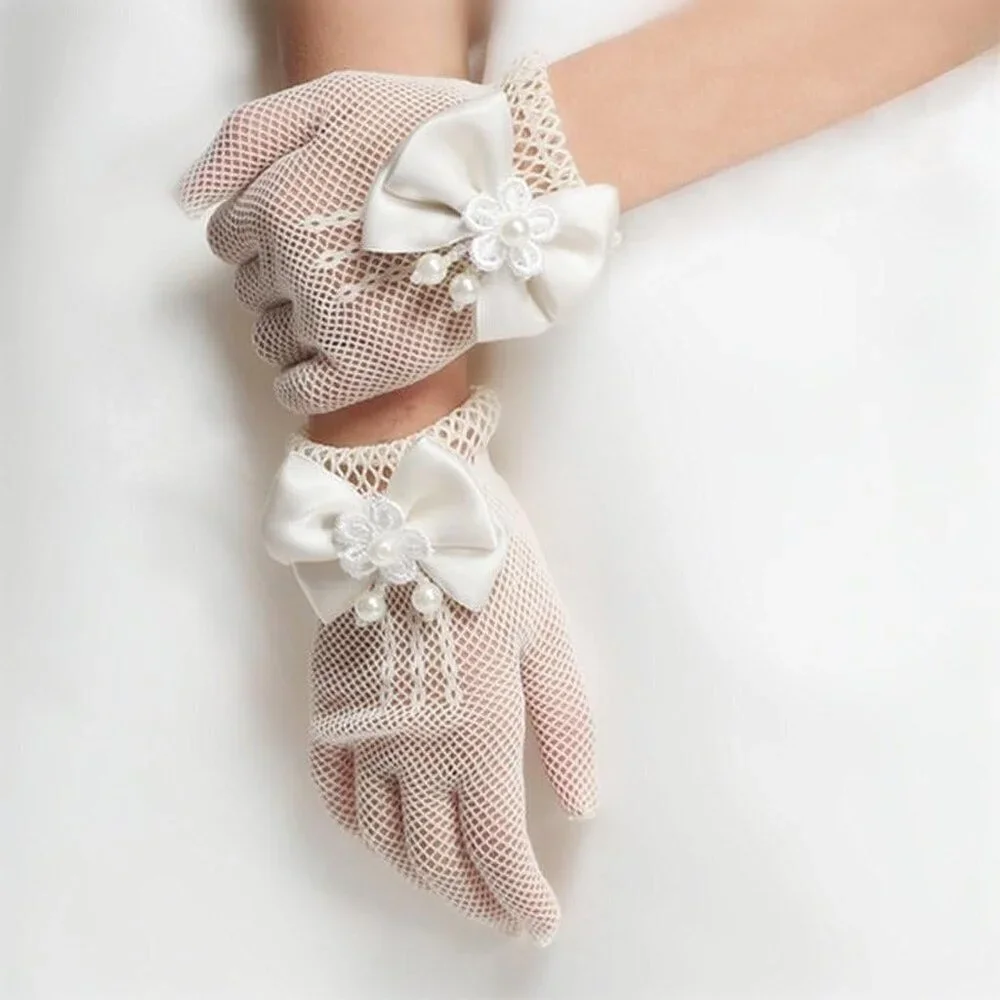 Women's White Pearl Flower Bow Tie Fish Net Gloves Wedding Party Prom